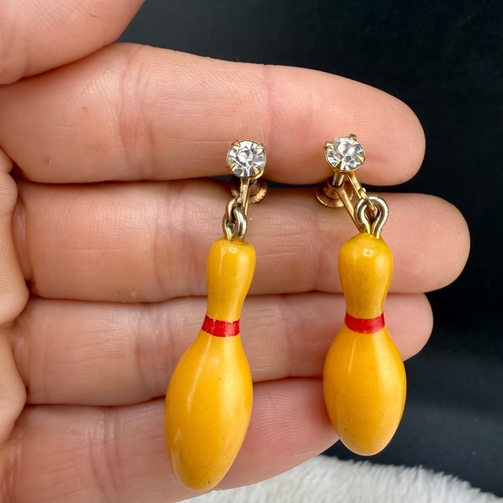 Vintage Estate Bowling Pin Earrings Gold Acrylic Rhinestone Screw Back